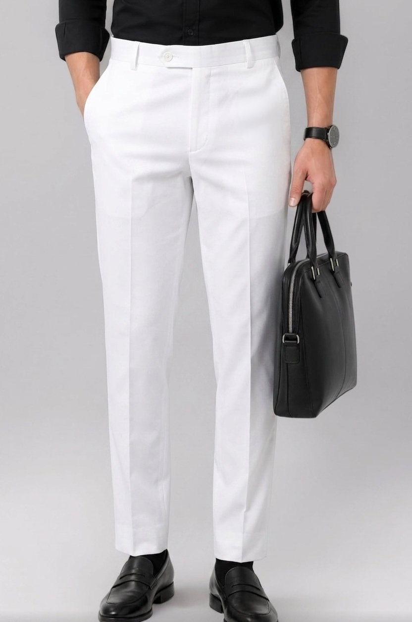 Men White Solid Trousers