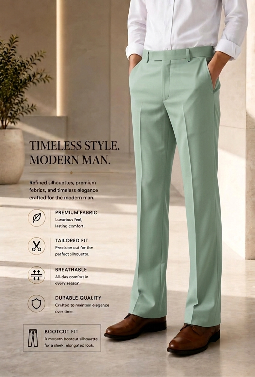 Men Bot Cut Trouser Light Green Color