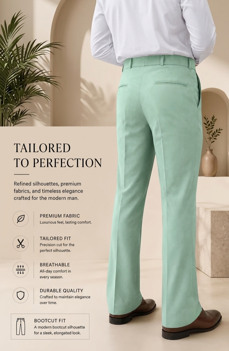 Men Bot Cut Trouser Light Green Color Detail