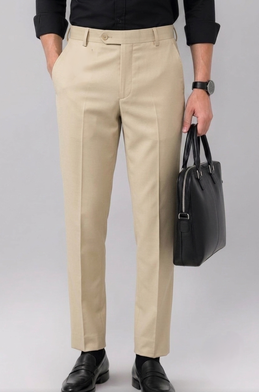 Men Dark Cream Solid Trousers